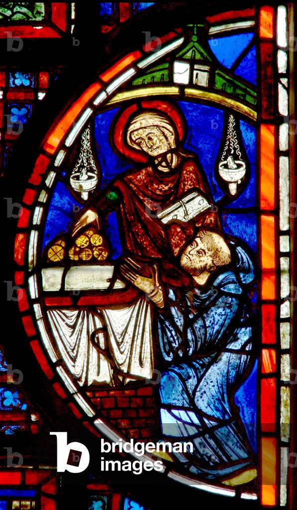 Window w5 depicting the miracle of the monks and the granary (stained glass)