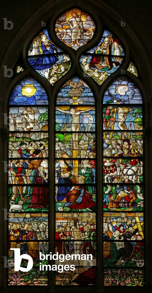 Window depicting the Crucifixion and Passion scenes, c.1550-10 (stained glass)