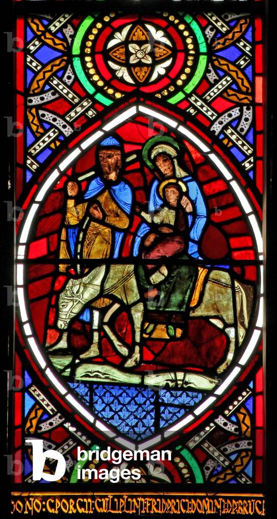 Window Ew depicting the Flight into Egypt? (stained glass)