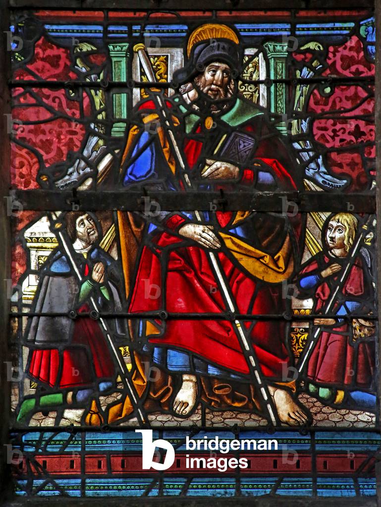 Window w3 depicting two donors with St James (stained glass)