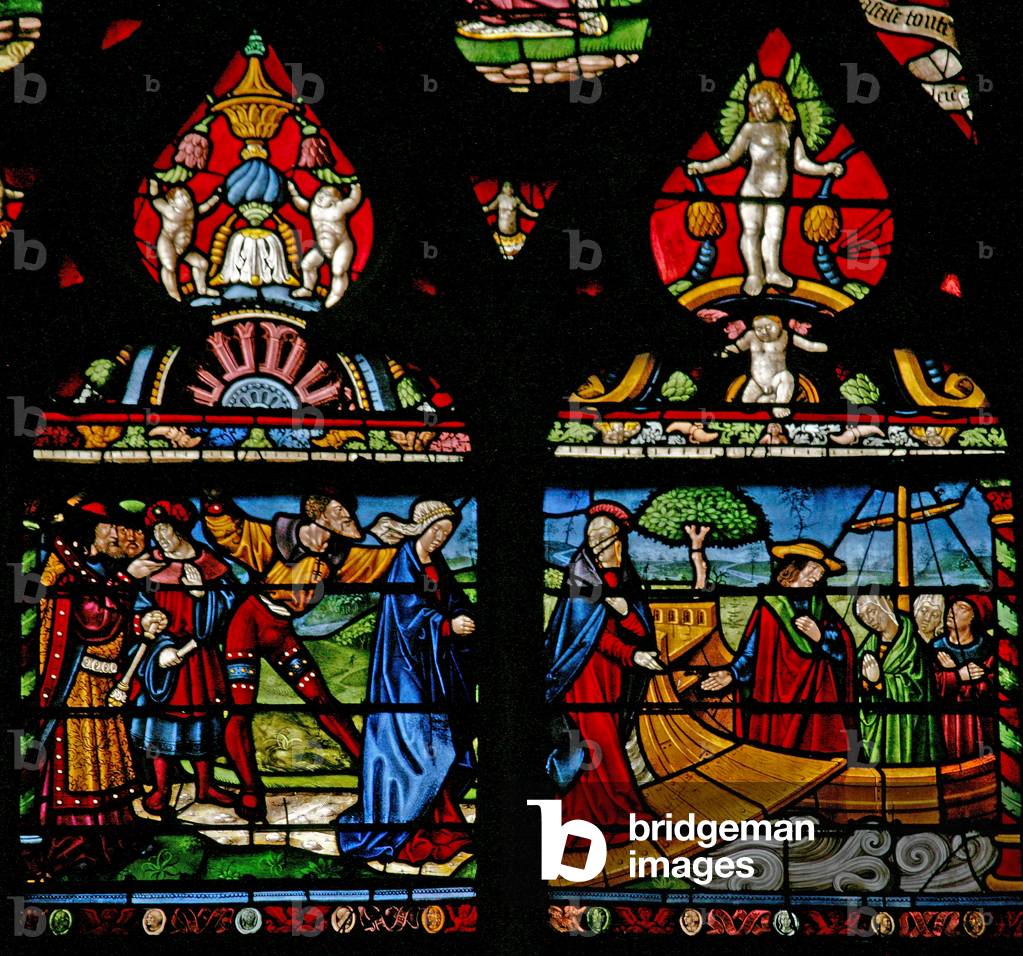 Window w6 depicting a scene from the life of St Mary Magdalene - she embarks on a boat (stained glass)