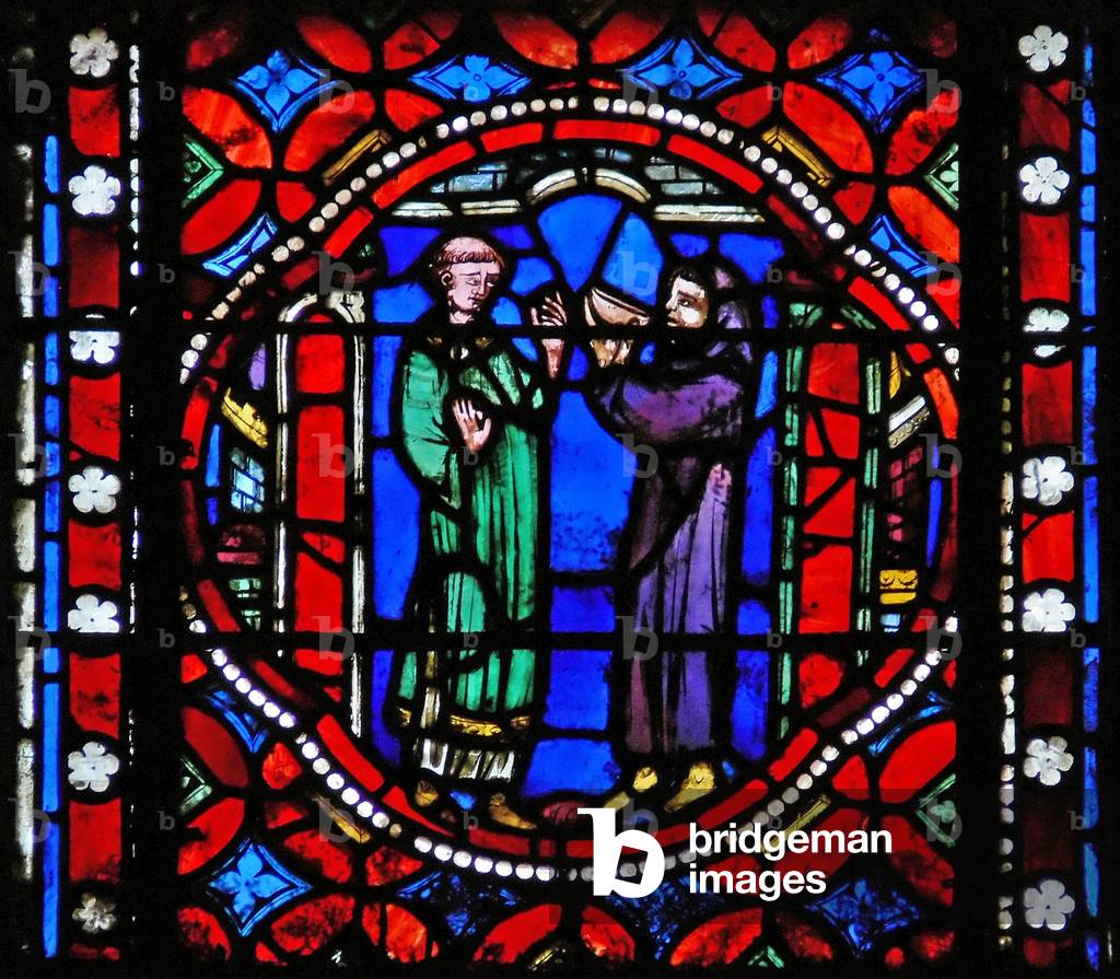 Window s1-R depicting a scene from St Bonnet's journey to Rome; receives refreshments from the abbot of the monastery on l'Isle Barbe  (stained glass)