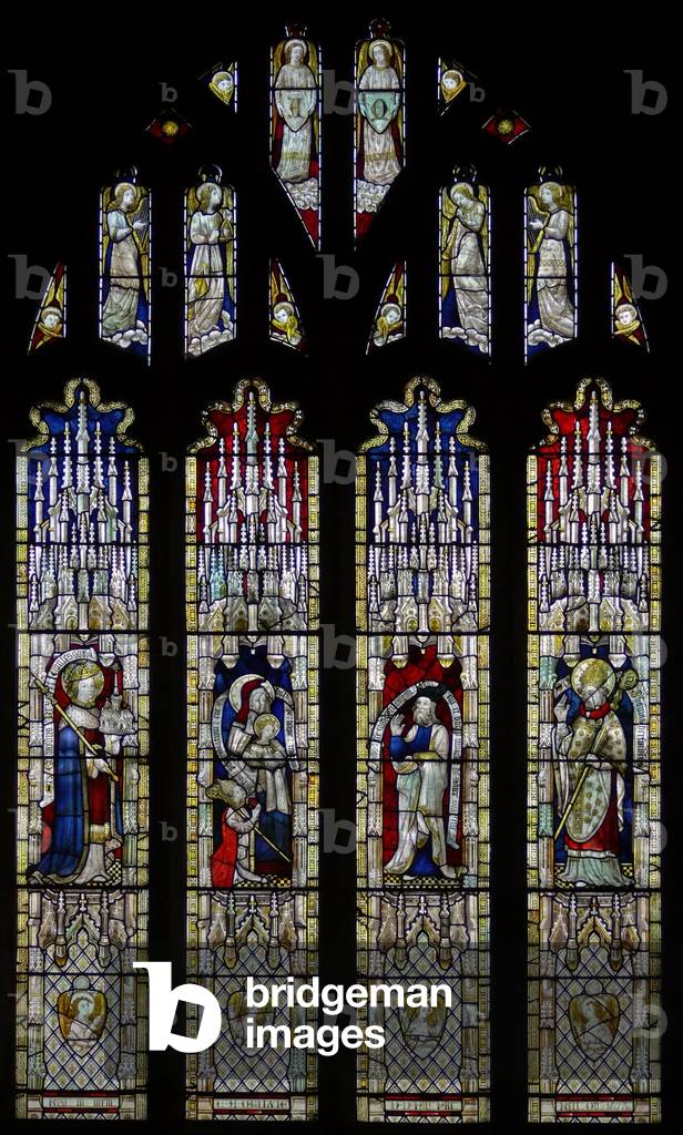Window Ew depicting the east window: glass here originally came from the church at Stretton Sugwas (stained glass)