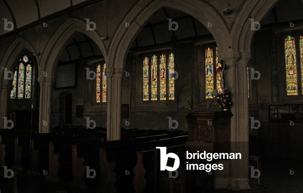 Window depicting a view of the north aisle with the fifteenth century stained glass windows (stained glass)