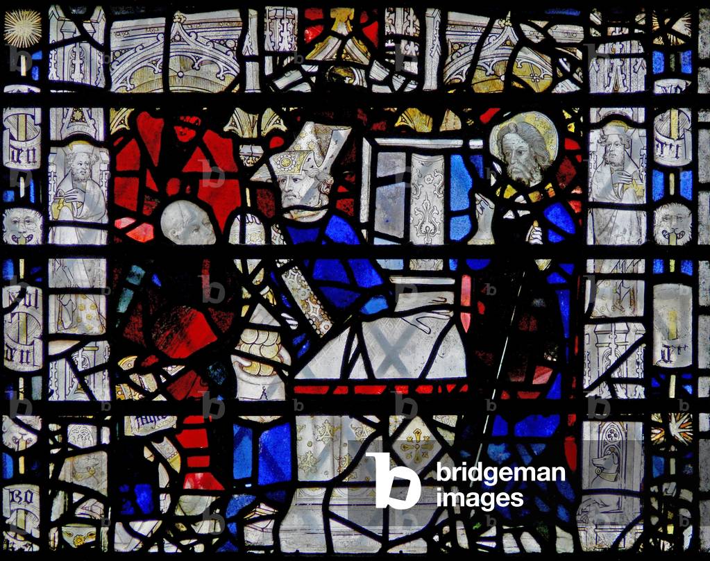 Window w6 depicting a scene from the life of St Nicholas; border with figures (stained glass)