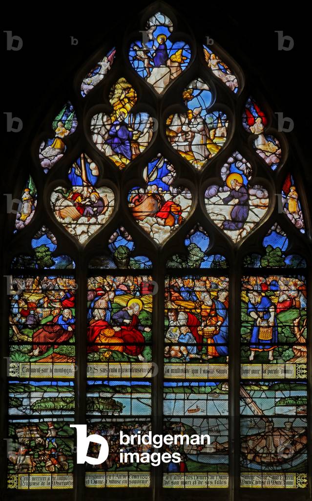 Window w12 depicting the Feeding of the 5000; a local scene of building a bridge (stained glass)