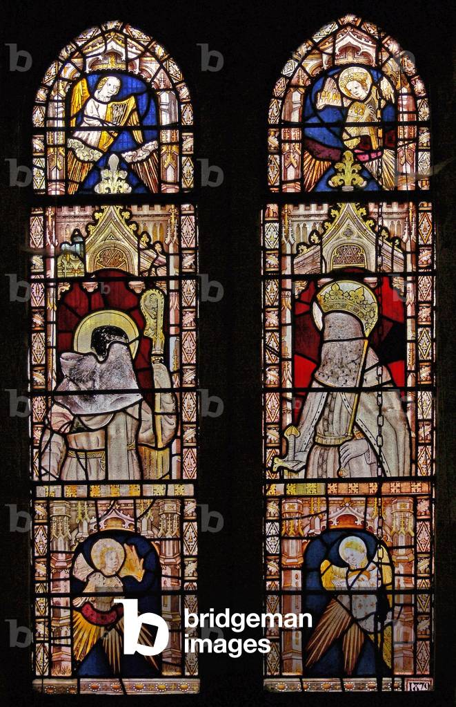 Window Ww depicting four angels, a bishop and a king. (stained glass)