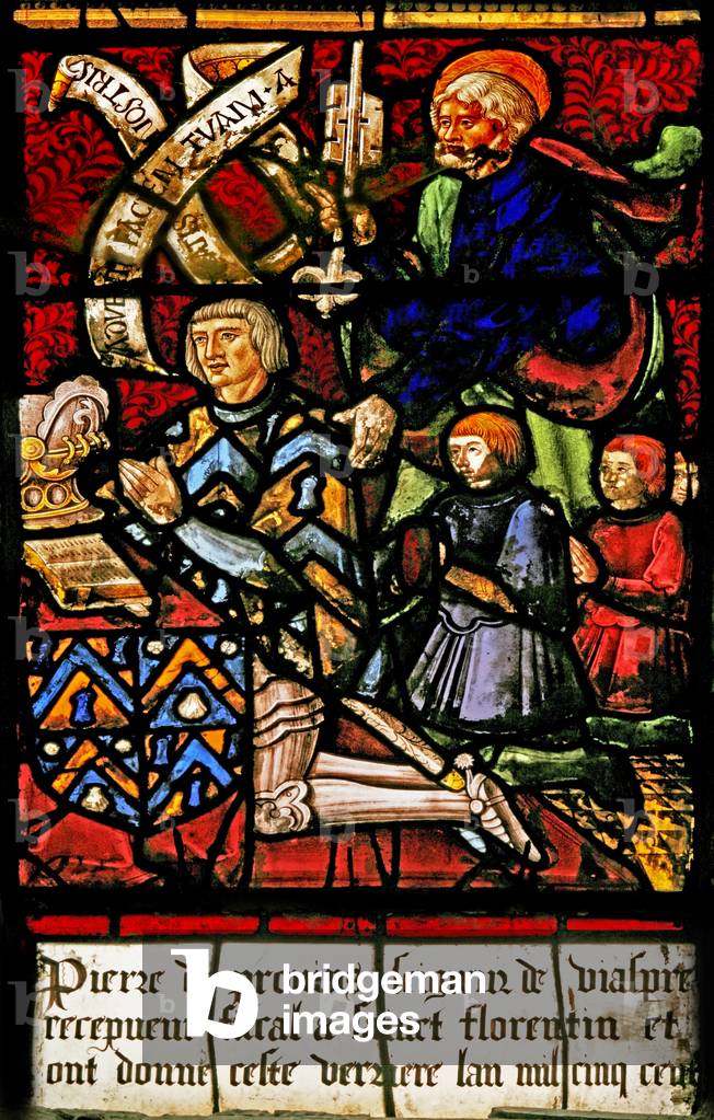 Window w2 depicting a donor with family and St Peter (stained glass)