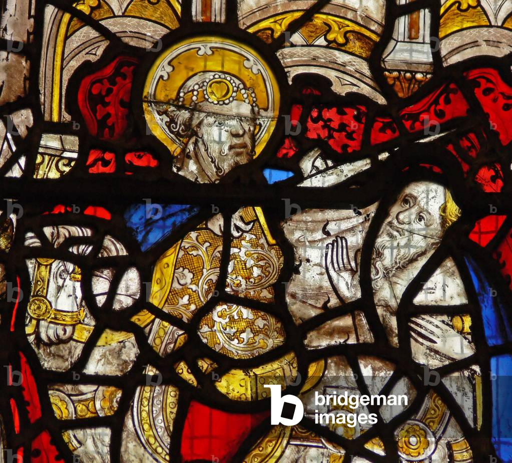 Window Nw depicting the Charity of St Martin: he divides his cloak (stained glass)