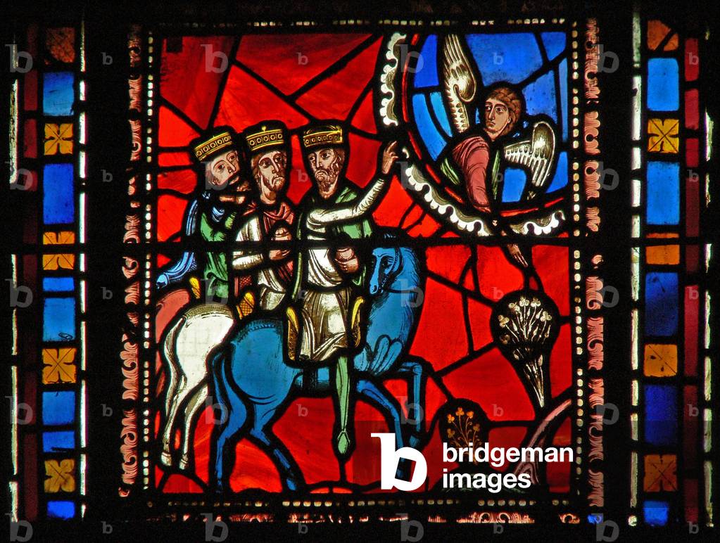 Window s2-C depicting the Magi travelling, following an angel(stained glass)
