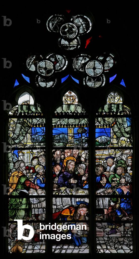 Window w9 depicting the events at Simon's house: Mary Magdalene washes Christ's feet (stained glass)