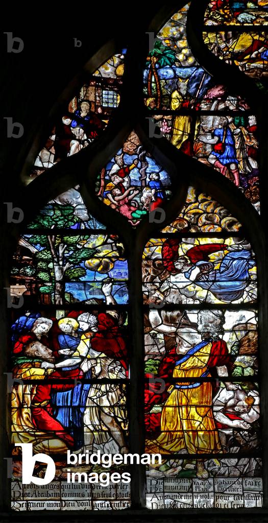 Window w126 depicting Abraham receives three visitors; Abraham attempts to sacrifice Isaac (stained glass)