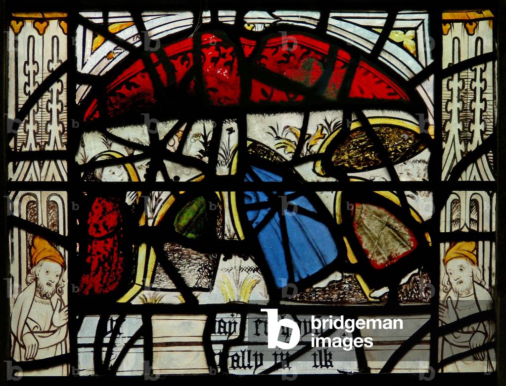 Window N3 depicting the Last Fifteen Days of the World (the Pryke of Conscience window): People try to escape by hiding in holes (stained glass)