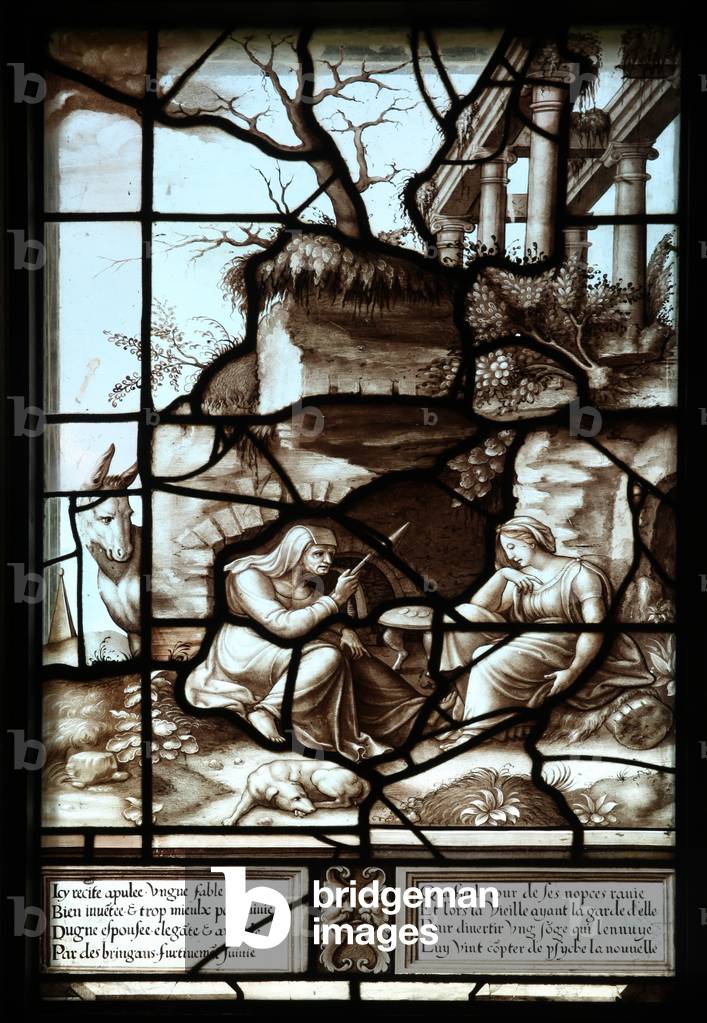Panel 1 of the story of Psyche and Cupid: A young girl hears the story of Psyche. the story is overheard by Lucius metamorphosed into a donkey (stained glass)