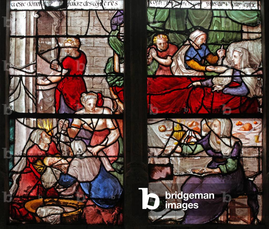Window w26 depicting the Birth of the Virgin Mary (stained glass)