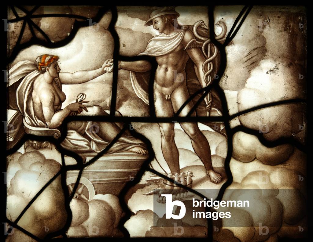 Panel 28 of the story of Psyche and Cupid: Mercury is told to find Psyche. He scours the countryside and offers seven of Venus' kisses to whoever finds her (stained glass)