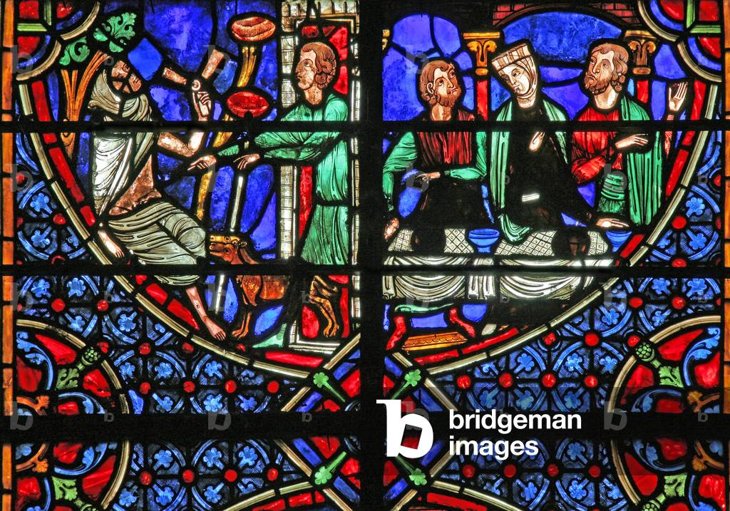 Window w4 depicting the Parable of Dives and Lazarus (stained glass)