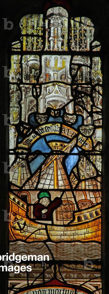 Window s2 depicting the Noah's Ark story: the dove returns (stained glass)