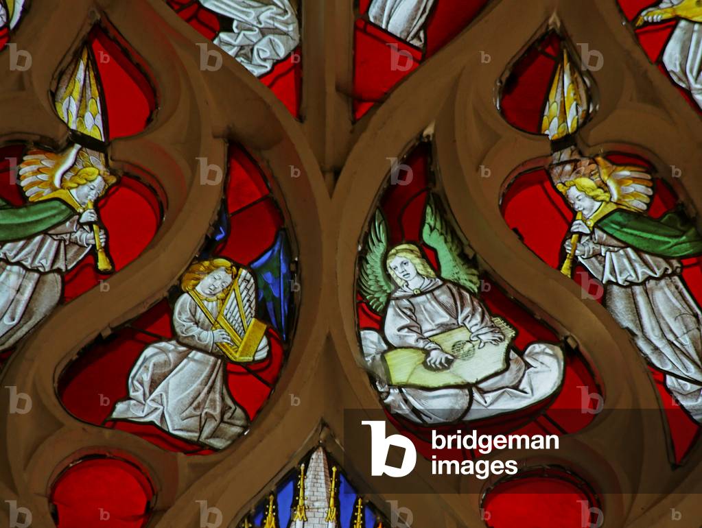 Window depicting Angel Musicians, Shawms, Organ and Zither (stained glass)