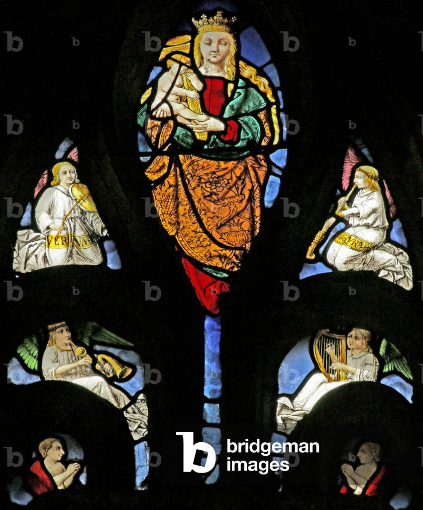 Window depicting Virgin and Child with the Christ child carrying the Cross, Musical Angels with unusual Instruments (stained glass)