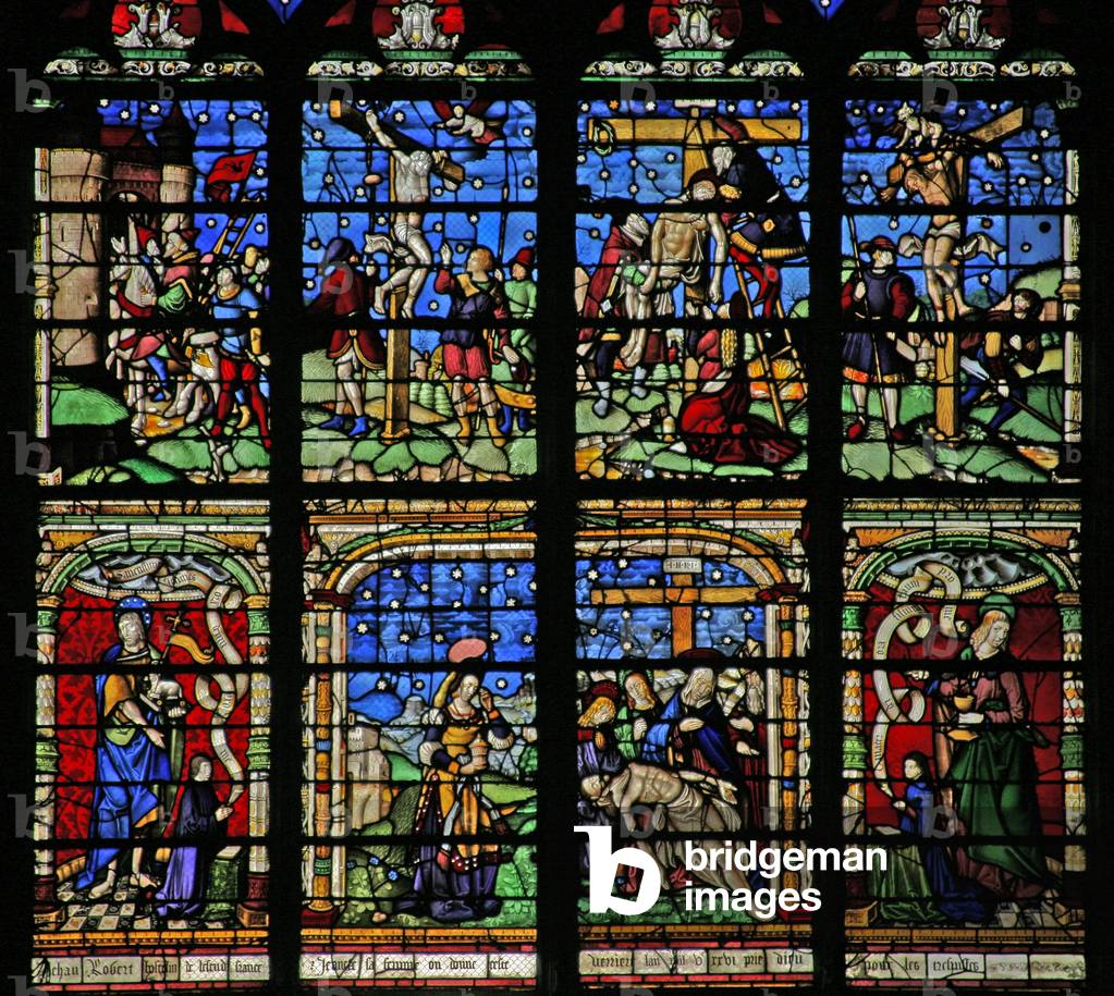 Window w19 depicting the  Crucifixion, Deposition and Pieta (stained glass)
