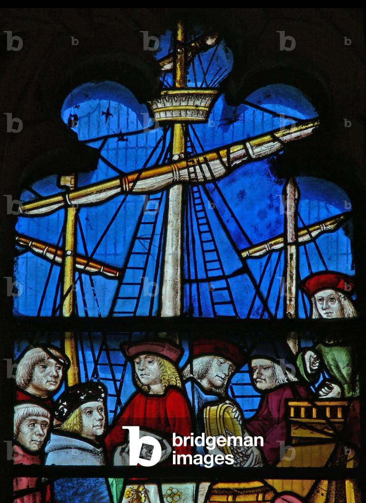 Window SaEw depicting a scene from a legend of St Nicholas: the grain ships unload at Myra (stained glass)