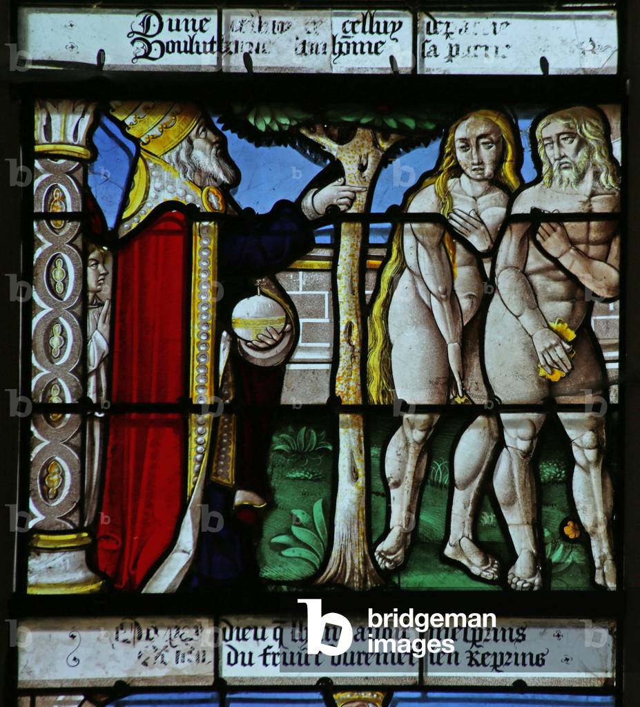 Window depicting Adam and Eve hide their nakedness (stained glass)