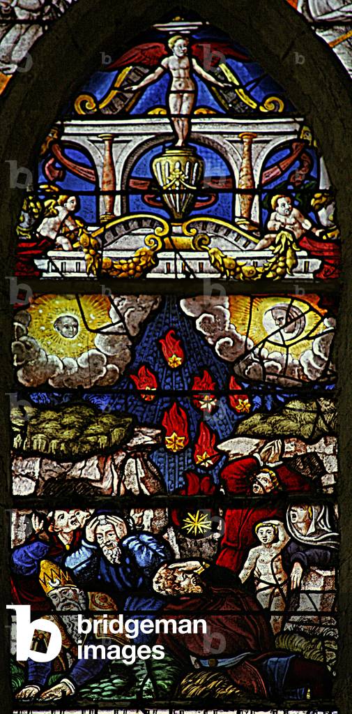 Window w7 depicting a scene from the Book of the Revelation of St John: stars fall to earth: the sun turns black and the moon like blood (stained glass)
