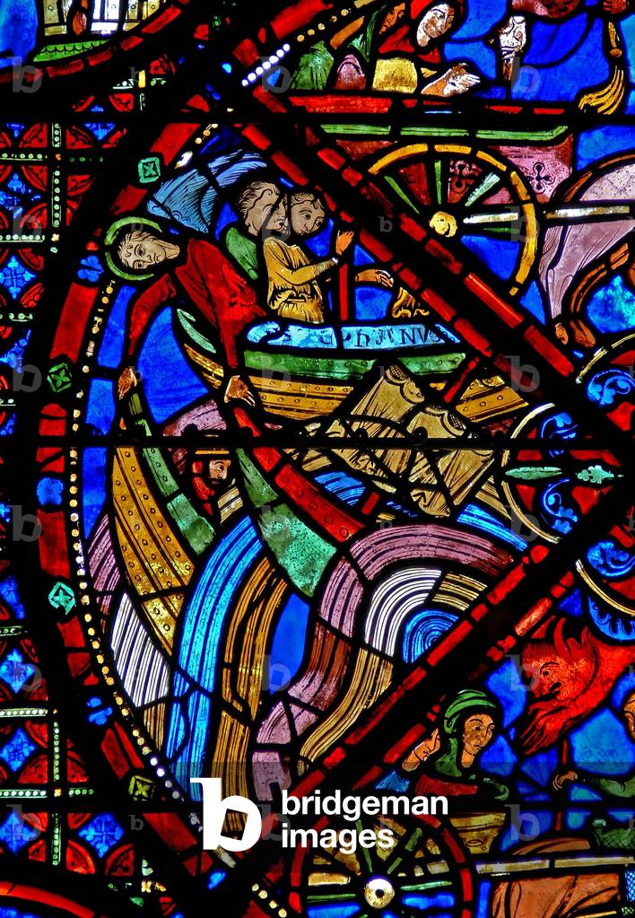 Window w15 depicting the story of St Stephen's relics: Despite the efforts of the demons the ship carrying the relics survives the journey - other ships are sunk (stained glass)
