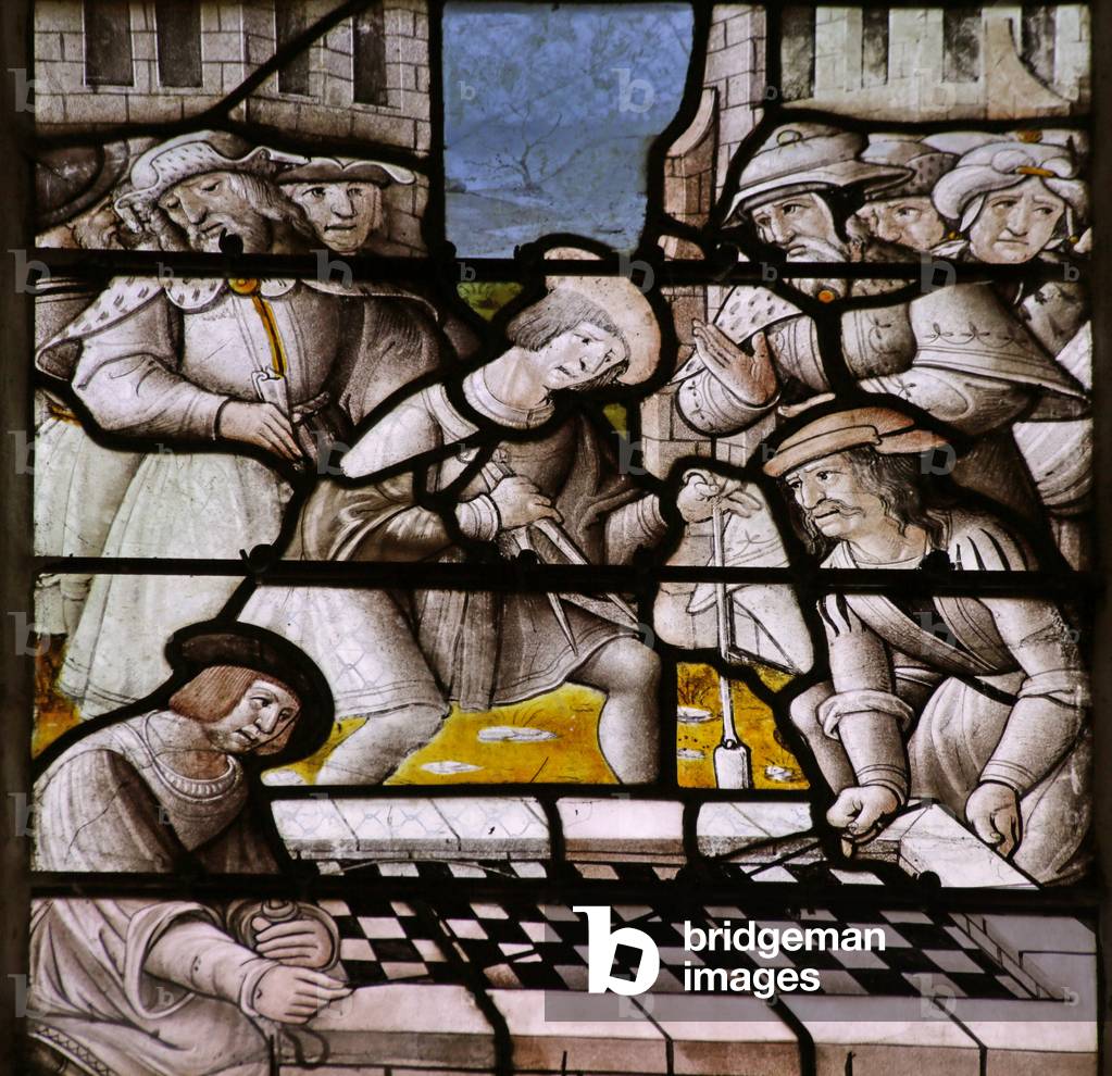 Window depicting the Legend of Notre Dame de Lorette: Measuring the Authenticity of the Virgin's House (stained glass)