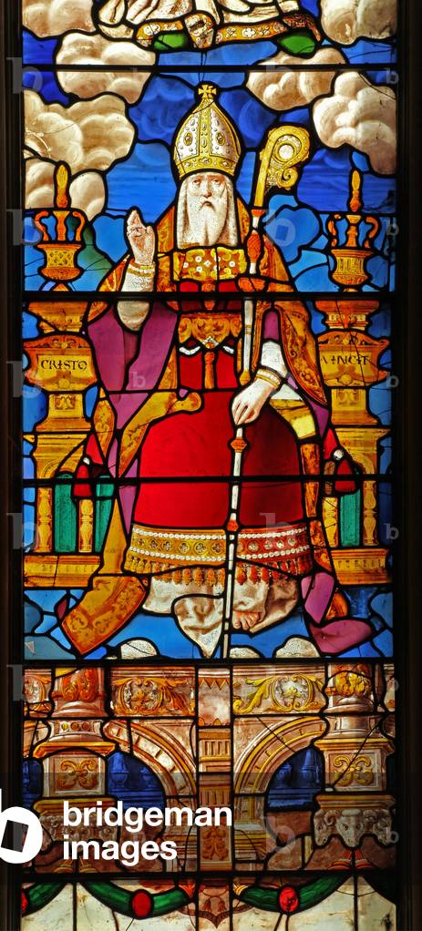 Window N2 depicting St Nicholas: a transformed figure of God the Father originally at the top of a Tree of Jesse still at St George's Hanover Square (stained glass)