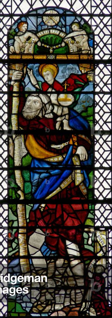 Window w36 depicting St Christopher - a hybrid figure of French C16 and English C15 glass assembled in 1956  (stained glass)