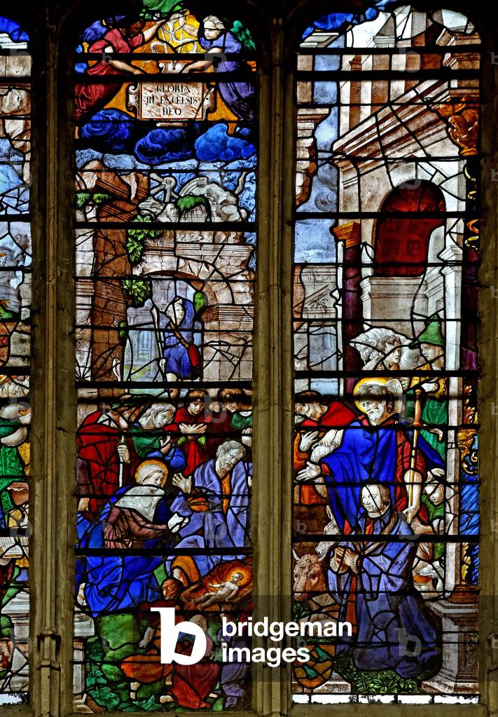Window w9 depicting the Adoration of the Shepherds; the donor, Baurot and St Roche (stained glass)