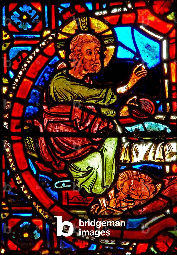 Window w17 depicting a scene from the life of St Mary Magdalene - the saint washing Christ's feet (stained glass)