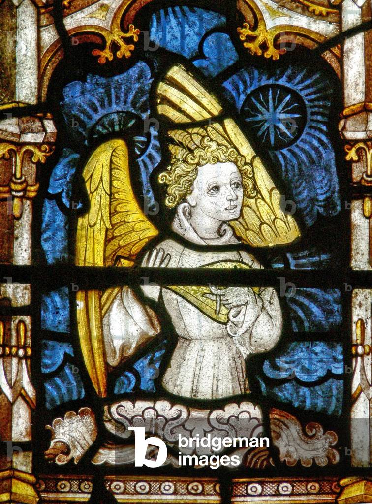 The East window (Ew) depicting a musician angel (stained glass)