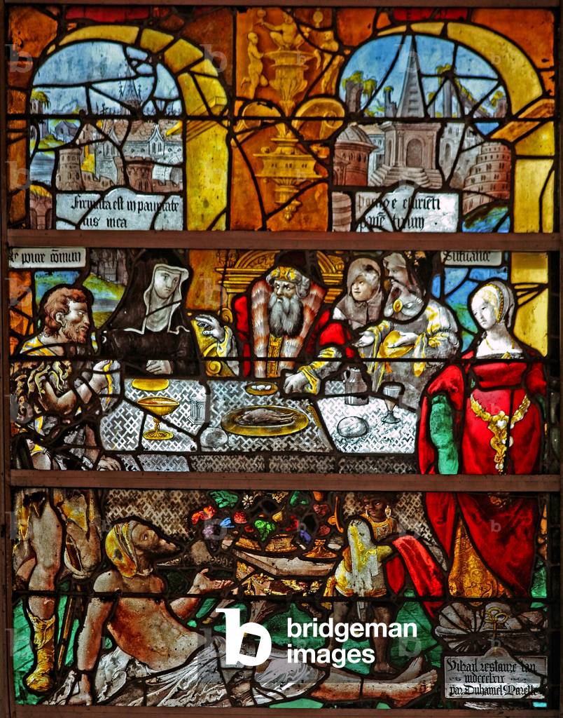 Window w6 depicting the Parable of Dives and Lazarus (stained glass)