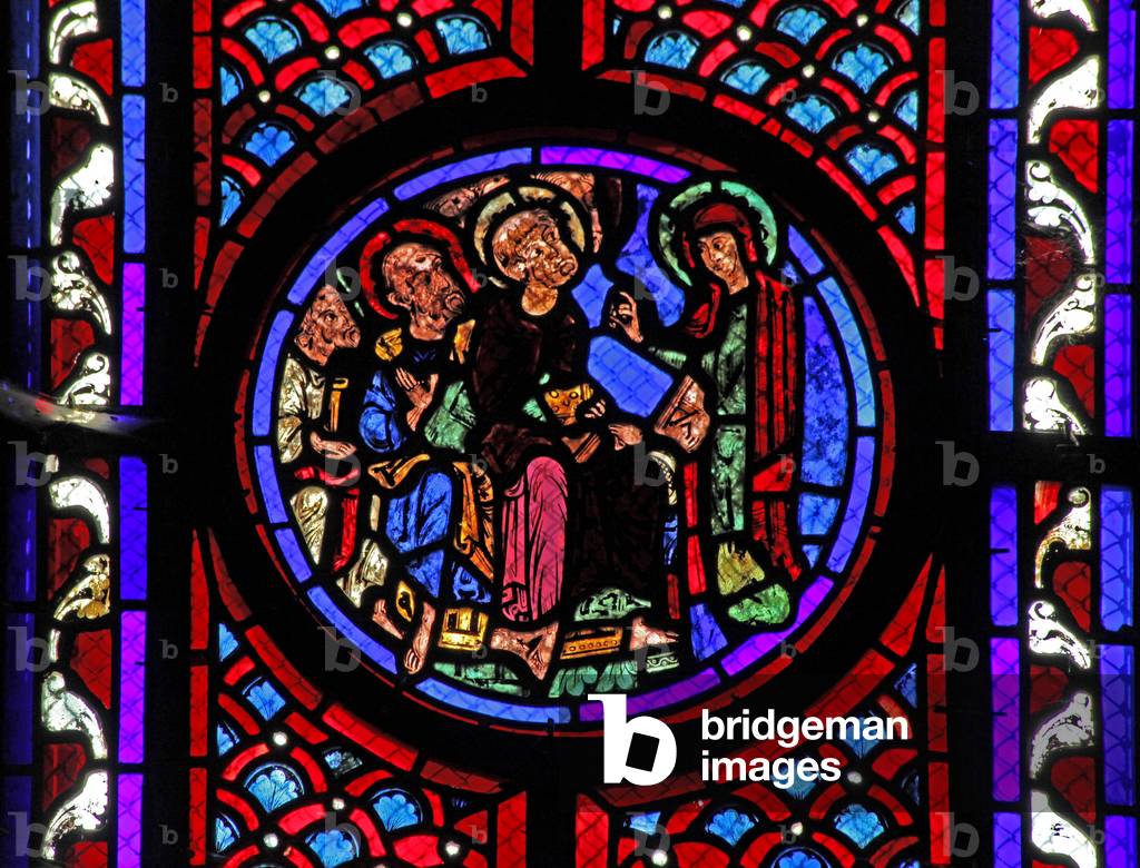 Window w2 depicting a scene from the life of St Mary Magdalene - the saint tells the disciples of the Resurrection (stained glass)