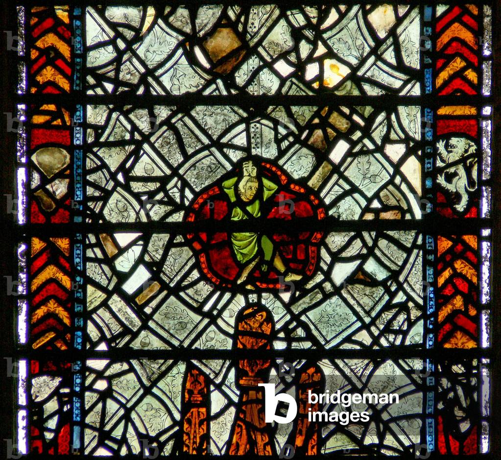 Window w39 depicting a figure (bizarre!) amid grisaille (stained glass)