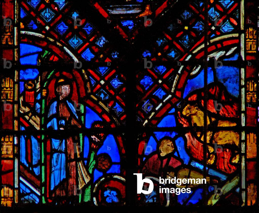 Window w2  Aaron watches as the people create the golden calf Ex XXXII 3-4 (stained glass)