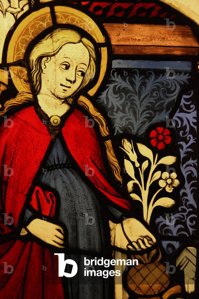 Depicting a detail of the Virgin Mary at the Annunciation, originally from the Upper Rhine (stained glass)