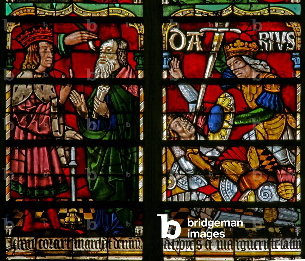 Window w236 depicting Daniel interprets the writing. Darius defeats Belshazzar (stained glass)