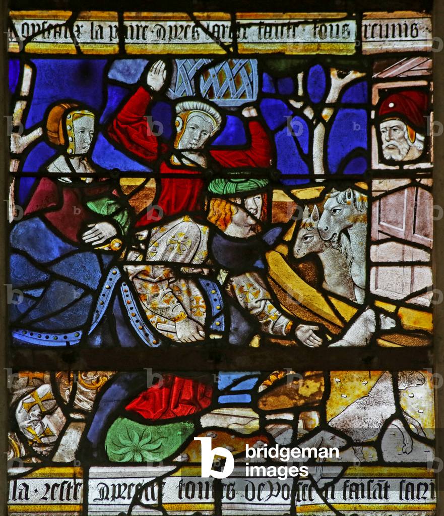 Window depicting Noah and the Ark: loading the ark (stained glass)