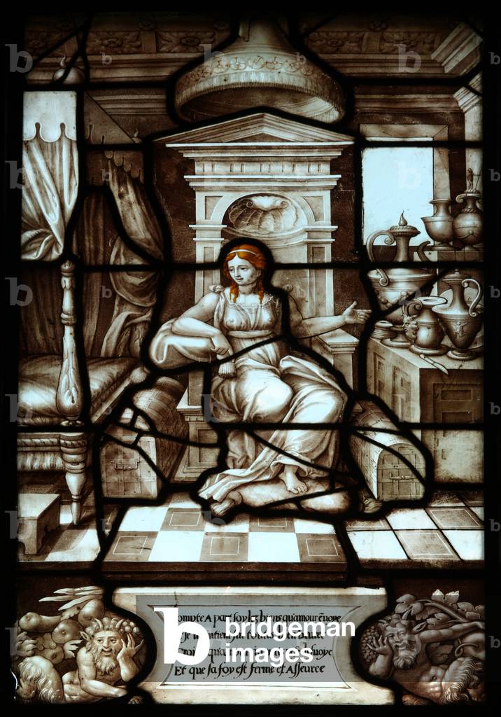 Panel 14 of the story of Psyche and Cupid: Psyche is worried. She misses her sisters that she can hear still on the rock where she was abandoned (stained glass)