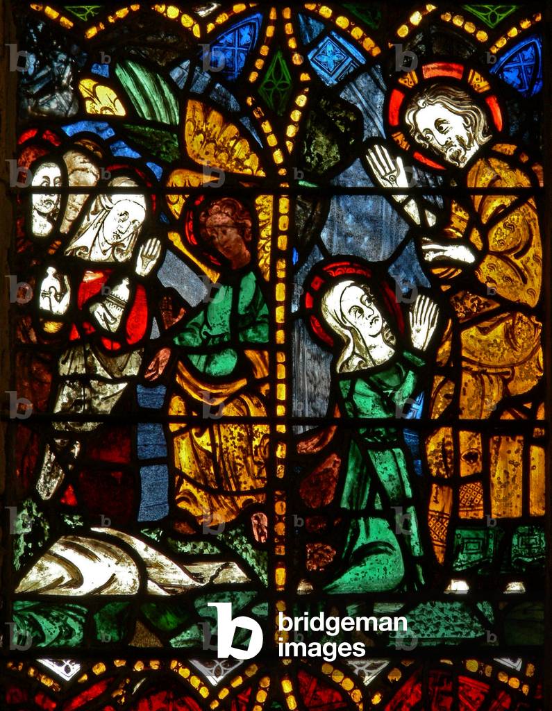 The east window depicting a Resurrection scene: the Holy Women at the Tomb; Mary Magdalene with Christ? (stained glass)