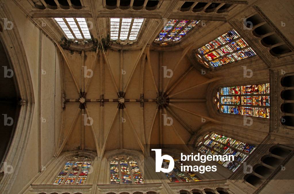 Window view of choir depicting the choir vaults and clerestory windows of the choir (stained glass)