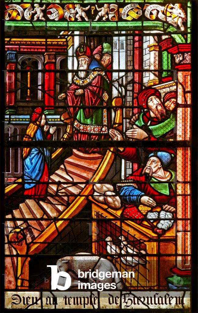 Window w38 depicting a scene from the Life of the Virgin Mary: her Presentation in the Temple (stained glass)