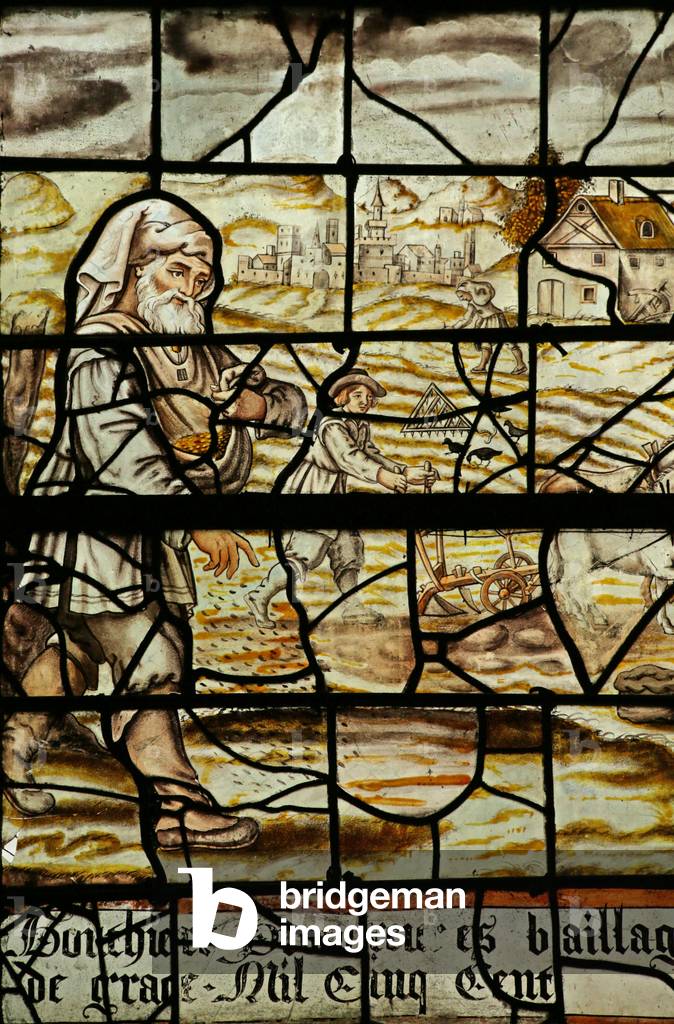 Window depicting Noah sowing in the Fields (stained glass)