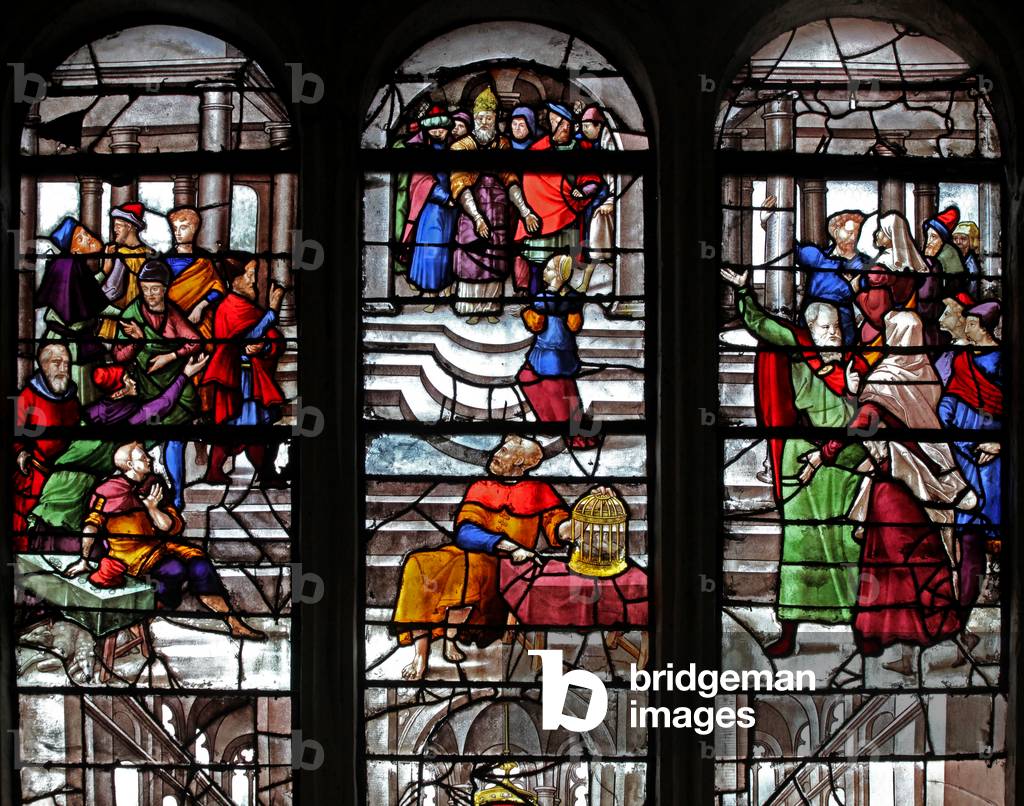 Window w28 depicting the Virgin Mary is received at the Temple (stained glass)