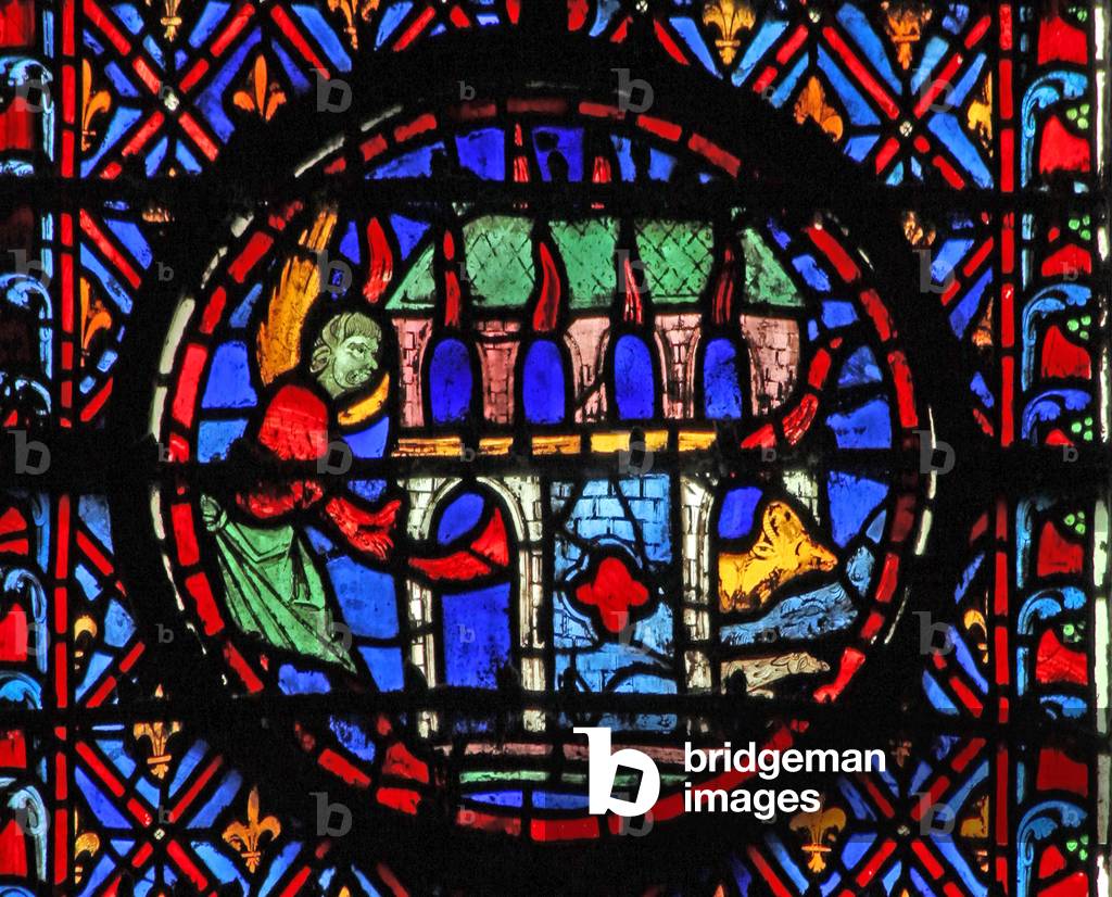 Window w12  the stables on fire Job I 16 (stained glass)