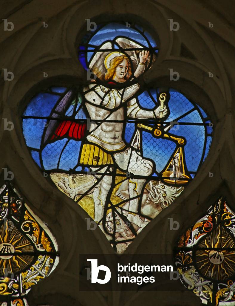 Window depicting Saint Michael weighing Souls (stained glass)